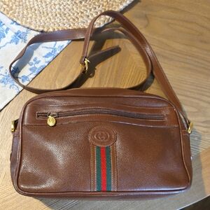 Classic Brown Leather Crossbody Bag with Signature Stripe
